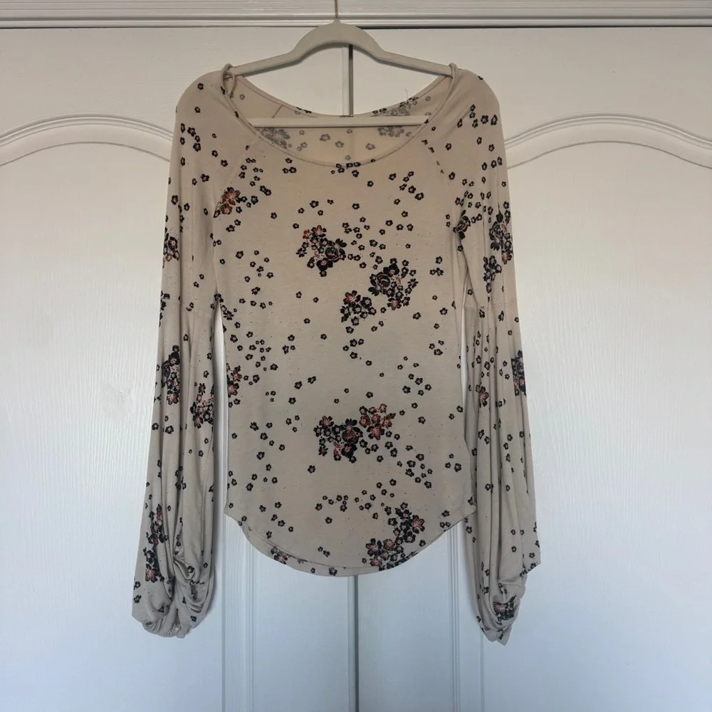 Free People To The Tropics Floral Balloon Sleeve Top Cream Small Boho